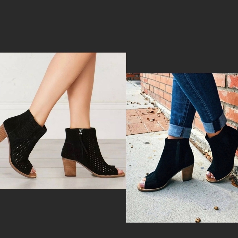 Toms black Majorca suede perforated peep toe ankle boots Sz 9